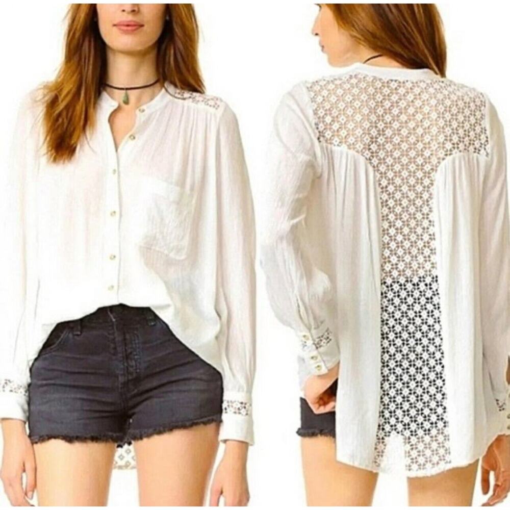 Free People Top Boho Blouse Oversized Button Front Lace Back Cream Size XS